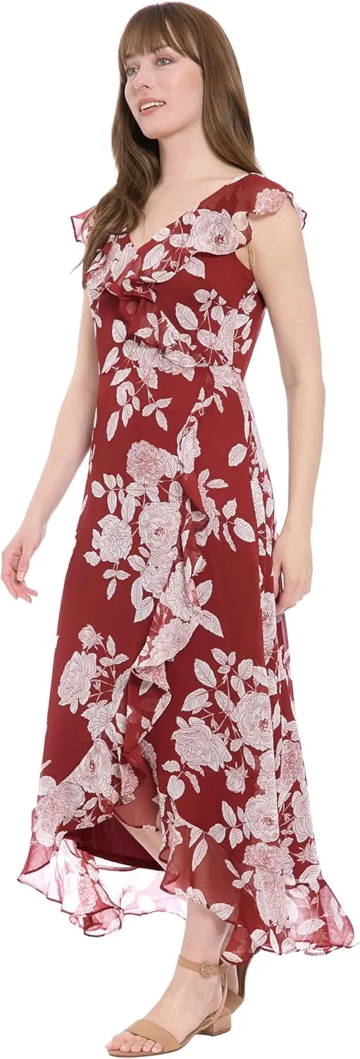 London Times Women's Chiffon Faux Wrap Ruffle Maxi Dress Guest of Wedding