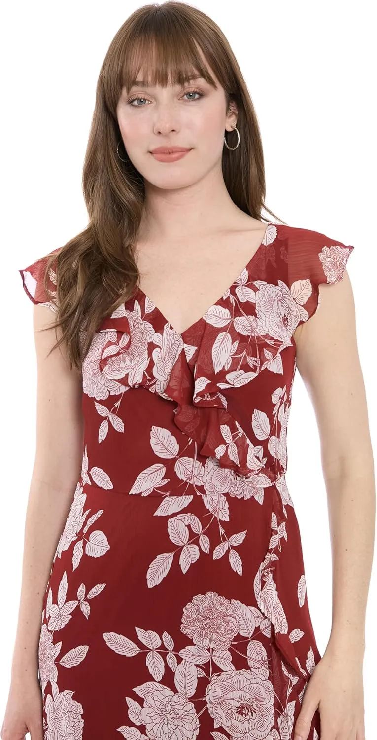 London Times Women's Chiffon Faux Wrap Ruffle Maxi Dress Guest of Wedding