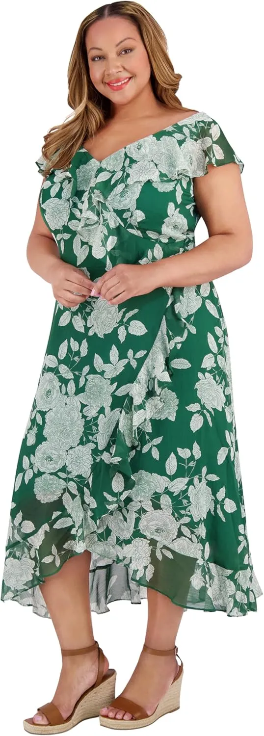 London Times Women's Chiffon Faux Wrap Ruffle Maxi Dress Guest of Wedding