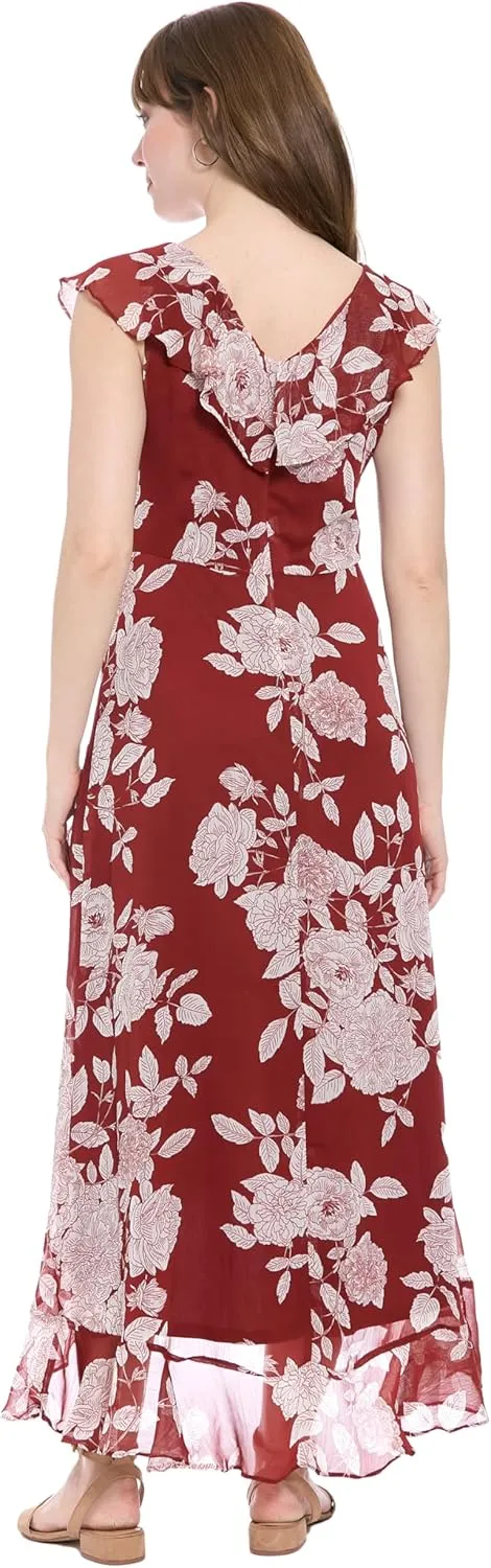 London Times Women's Chiffon Faux Wrap Ruffle Maxi Dress Guest of Wedding