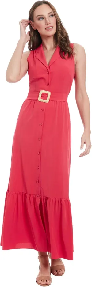 London Times Women's Sleeveless Button Front Maxi Belt and Pockets-Tiered Ruffle Hem Formal Wedding Guest Dress