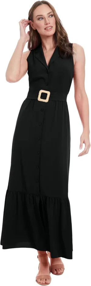 London Times Women's Sleeveless Button Front Maxi Belt and Pockets-Tiered Ruffle Hem Formal Wedding Guest Dress