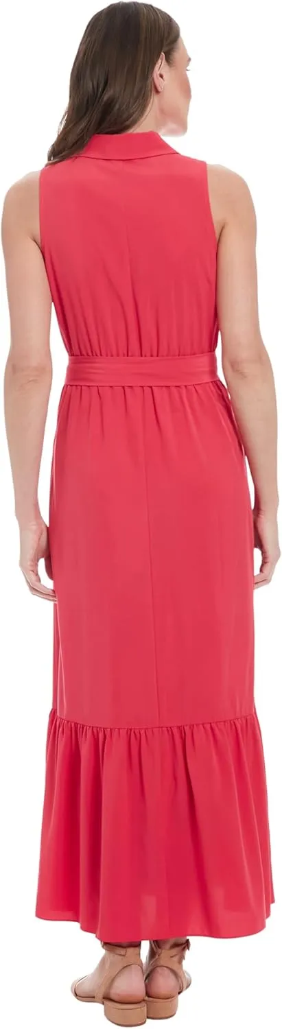 London Times Women's Sleeveless Button Front Maxi Belt and Pockets-Tiered Ruffle Hem Formal Wedding Guest Dress