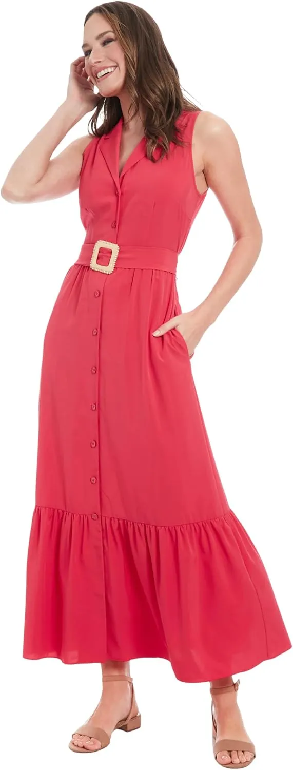 London Times Women's Sleeveless Button Front Maxi Belt and Pockets-Tiered Ruffle Hem Formal Wedding Guest Dress
