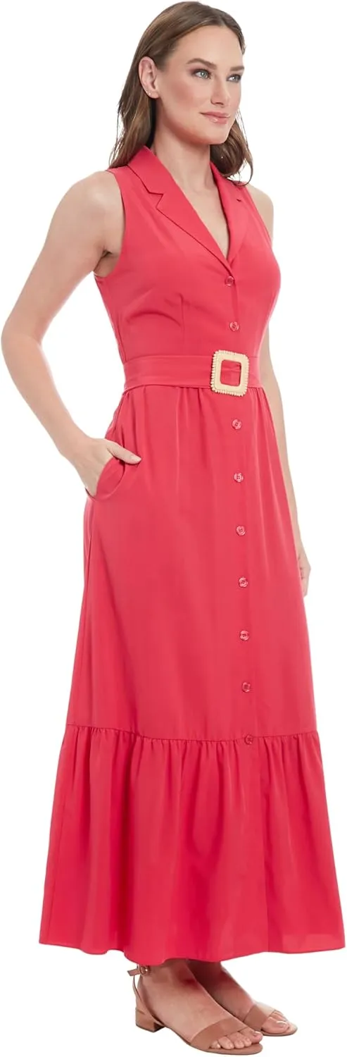 London Times Women's Sleeveless Button Front Maxi Belt and Pockets-Tiered Ruffle Hem Formal Wedding Guest Dress