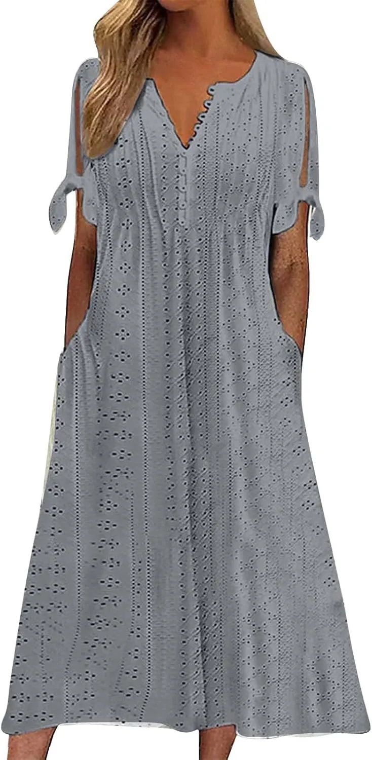 Long Maxi Long Dresses for Women 2025 Trendy Short Sleeve Eyelet Tshirt Dress Casual Summer Beach Vacation Sundresses