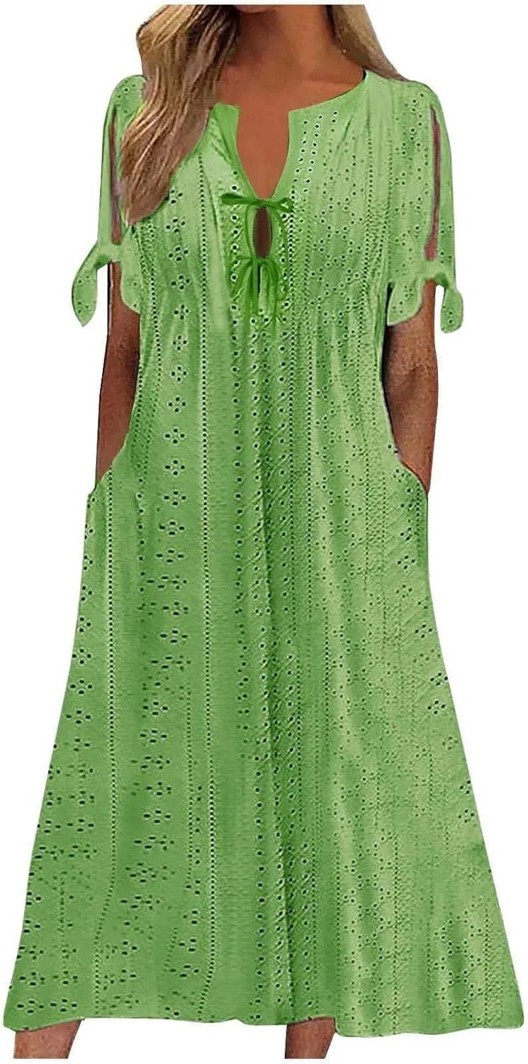 Long Maxi Long Dresses for Women 2025 Trendy Short Sleeve Eyelet Tshirt Dress Casual Summer Beach Vacation Sundresses