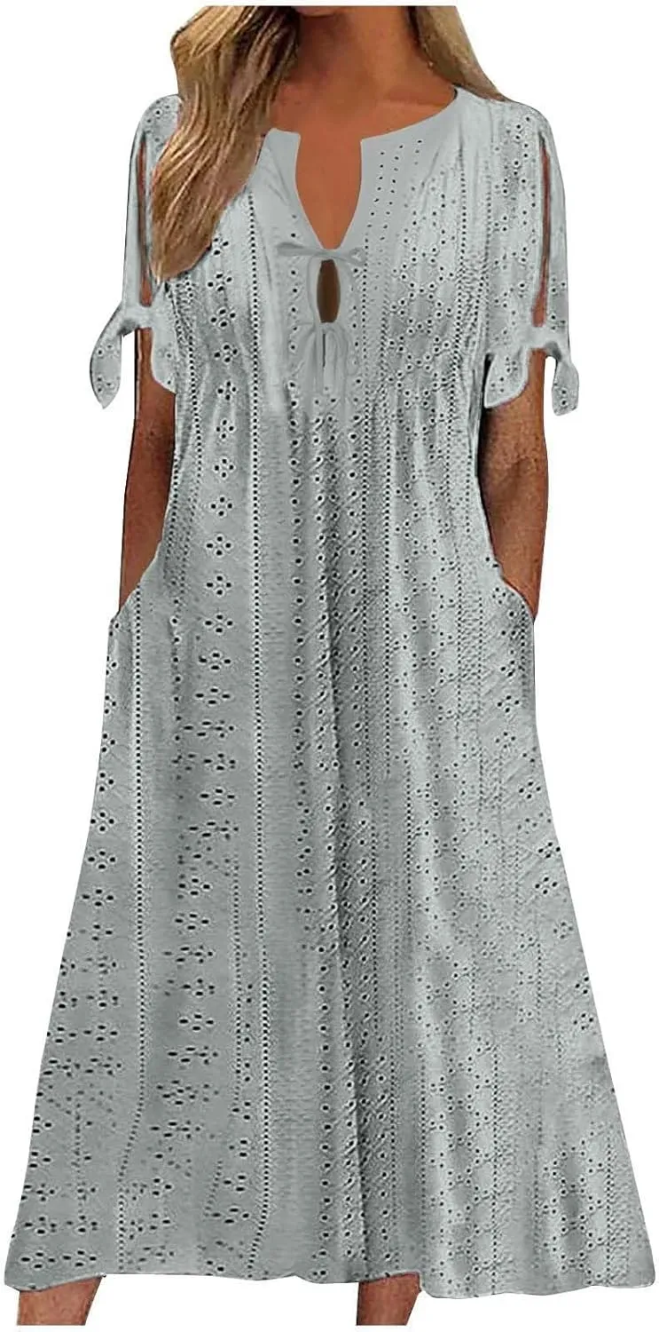 Long Maxi Long Dresses for Women 2025 Trendy Short Sleeve Eyelet Tshirt Dress Casual Summer Beach Vacation Sundresses