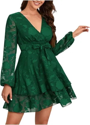 Long Sleeve Chiffon Lace Midi Dress Casual Trendy Sexy V Neck Elegant Formal Smocked Flowy A Line Cute Party Dress