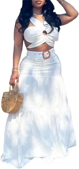 LROSEY Women's 2 Piece Sexy Outfits Summer Flower Shape Sleeveless Crop Top Ruched Ruffle Maxi Skirt Set for Party Club Night