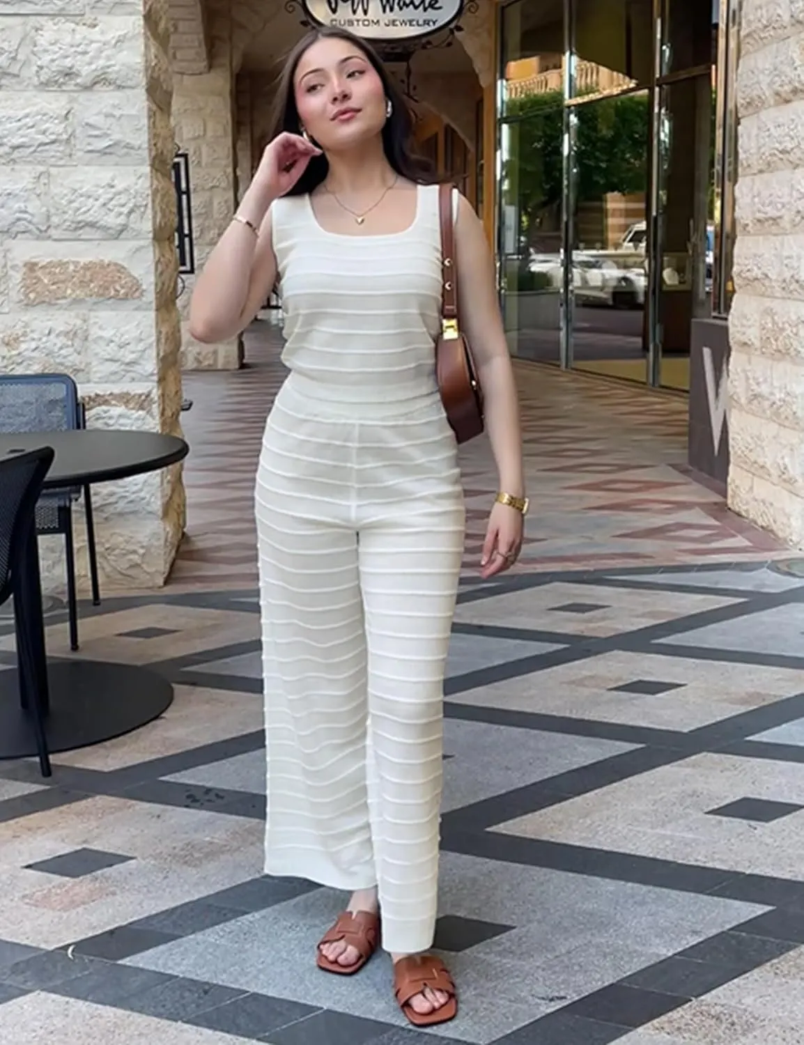 luvamia Knitted 2 Piece Sets for Women Summer Ribbed Tank Top with High Waisted Wide Leg Ankle Crop Pants Sets Vacation
