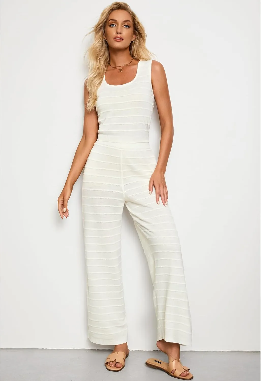 luvamia Knitted 2 Piece Sets for Women Summer Ribbed Tank Top with High Waisted Wide Leg Ankle Crop Pants Sets Vacation
