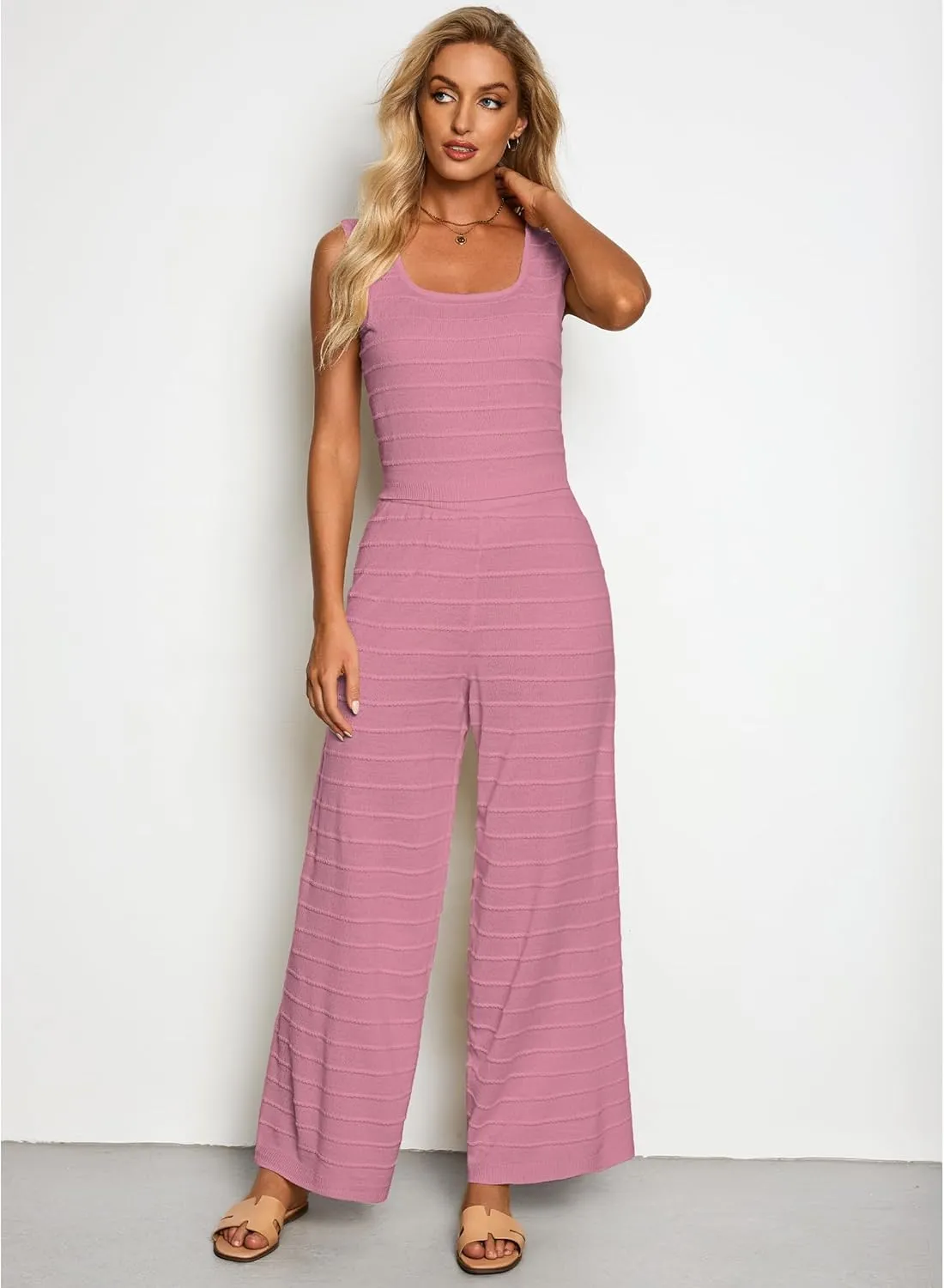 luvamia Knitted 2 Piece Sets for Women Summer Ribbed Tank Top with High Waisted Wide Leg Ankle Crop Pants Sets Vacation