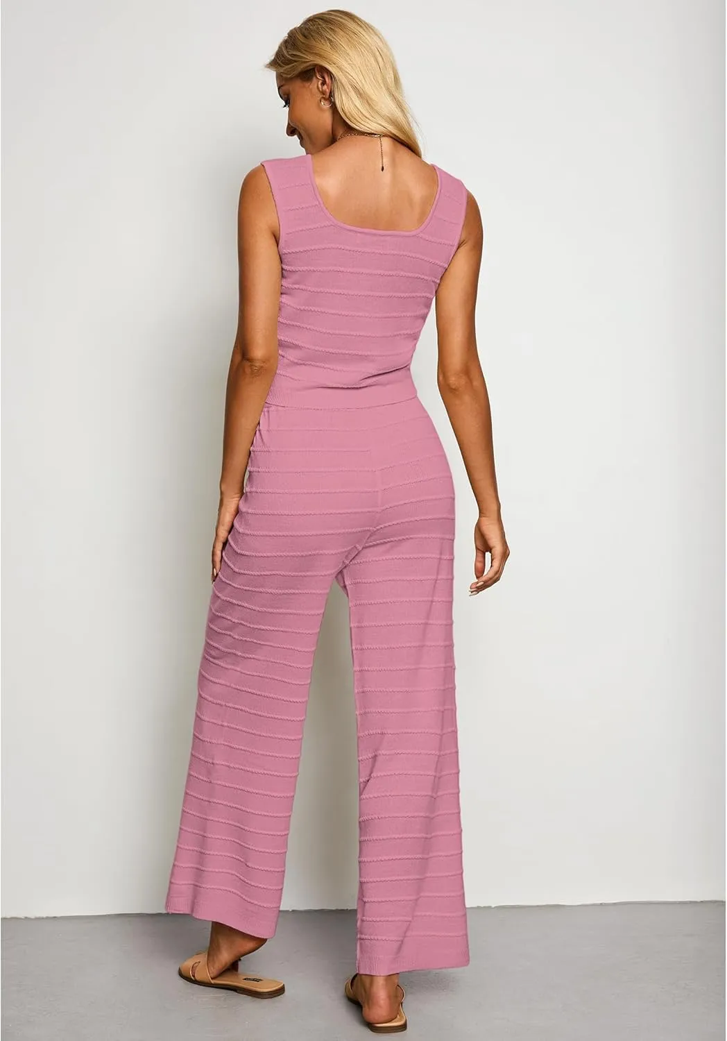 luvamia Knitted 2 Piece Sets for Women Summer Ribbed Tank Top with High Waisted Wide Leg Ankle Crop Pants Sets Vacation
