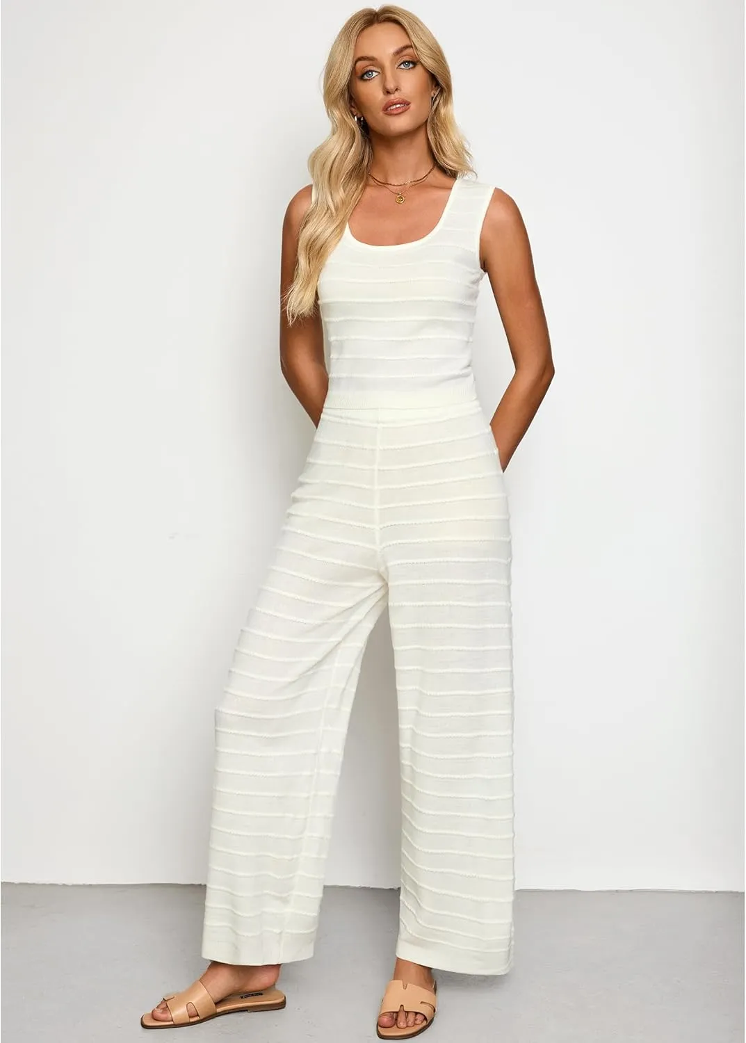 luvamia Knitted 2 Piece Sets for Women Summer Ribbed Tank Top with High Waisted Wide Leg Ankle Crop Pants Sets Vacation