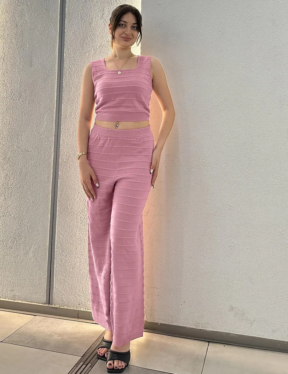 luvamia Knitted 2 Piece Sets for Women Summer Ribbed Tank Top with High Waisted Wide Leg Ankle Crop Pants Sets Vacation