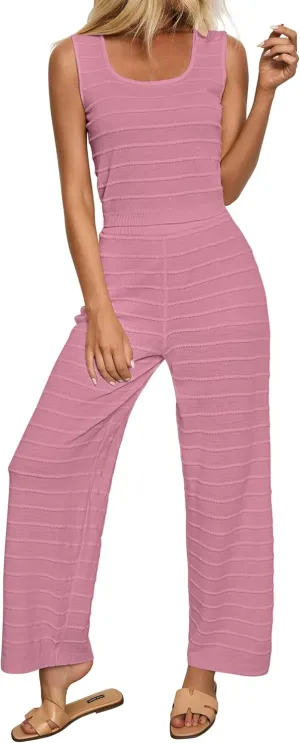 luvamia Knitted 2 Piece Sets for Women Summer Ribbed Tank Top with High Waisted Wide Leg Ankle Crop Pants Sets Vacation