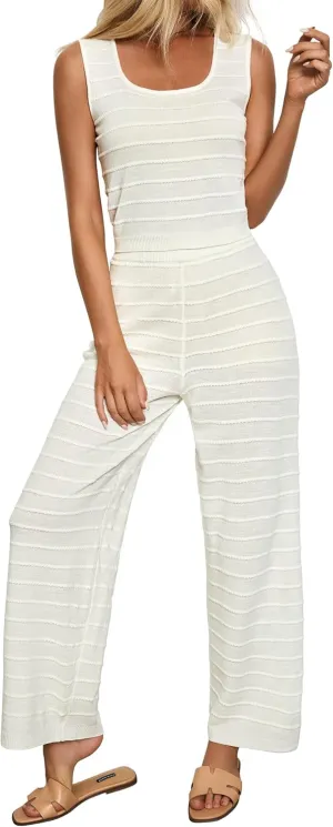 luvamia Knitted 2 Piece Sets for Women Summer Ribbed Tank Top with High Waisted Wide Leg Ankle Crop Pants Sets Vacation