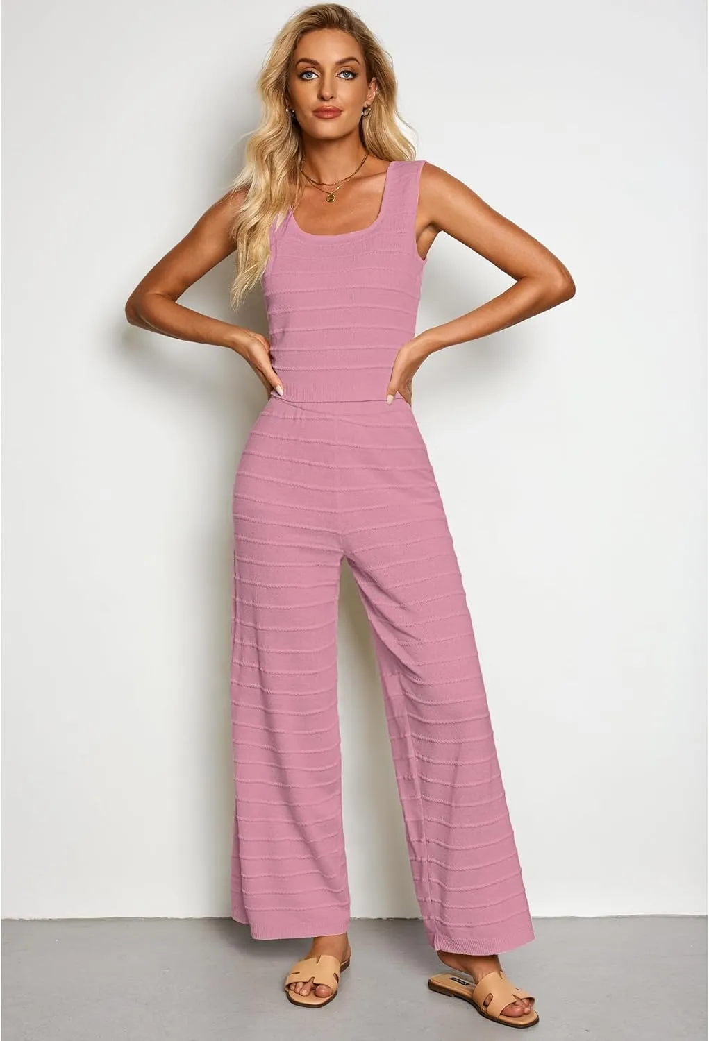 luvamia Knitted 2 Piece Sets for Women Summer Ribbed Tank Top with High Waisted Wide Leg Ankle Crop Pants Sets Vacation