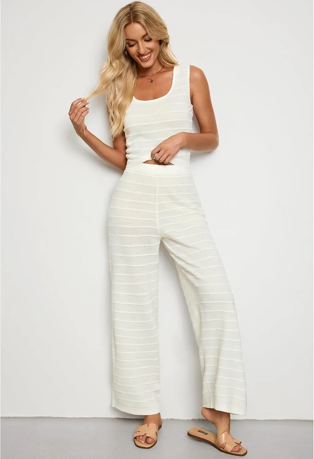 luvamia Knitted 2 Piece Sets for Women Summer Ribbed Tank Top with High Waisted Wide Leg Ankle Crop Pants Sets Vacation