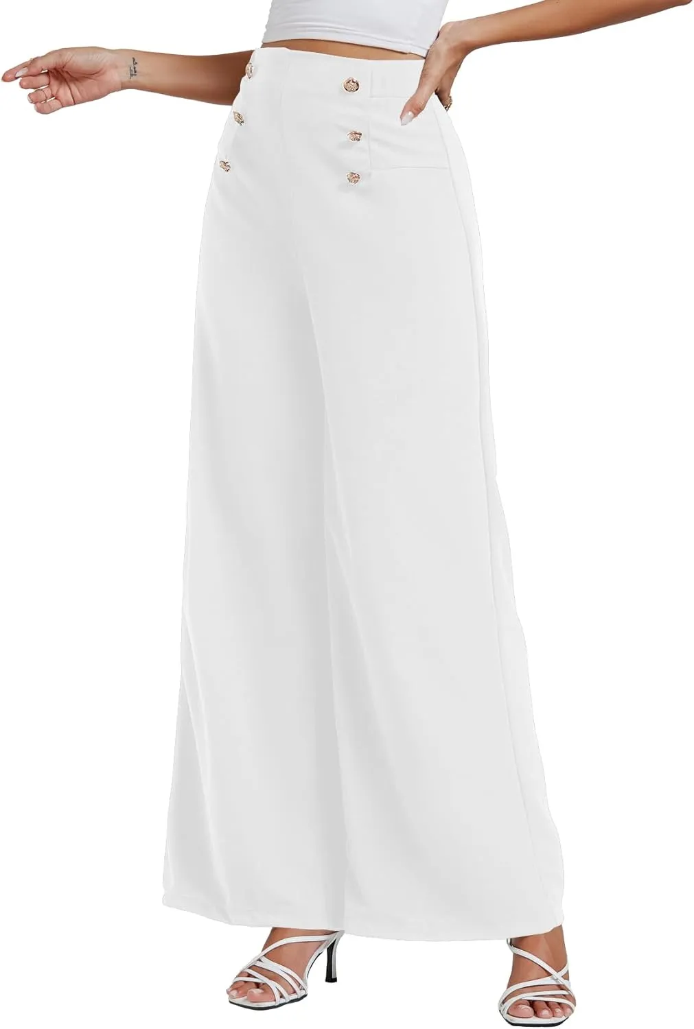LYANER Women's Casual Elastic High Waist Double Breasted Wide Leg Long Pants Trouser