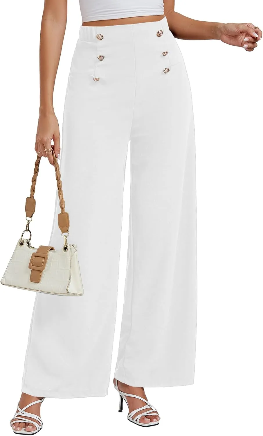 LYANER Women's Casual Elastic High Waist Double Breasted Wide Leg Long Pants Trouser