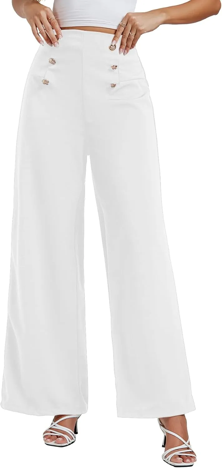 LYANER Women's Casual Elastic High Waist Double Breasted Wide Leg Long Pants Trouser
