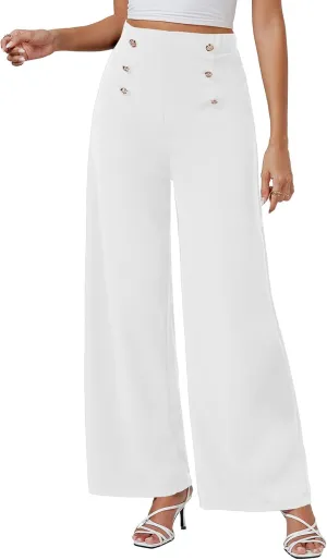 LYANER Women's Casual Elastic High Waist Double Breasted Wide Leg Long Pants Trouser