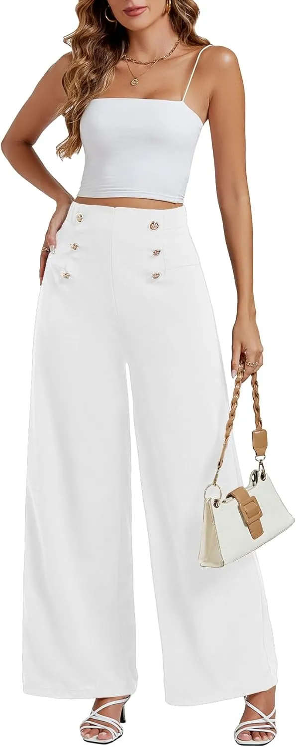 LYANER Women's Casual Elastic High Waist Double Breasted Wide Leg Long Pants Trouser