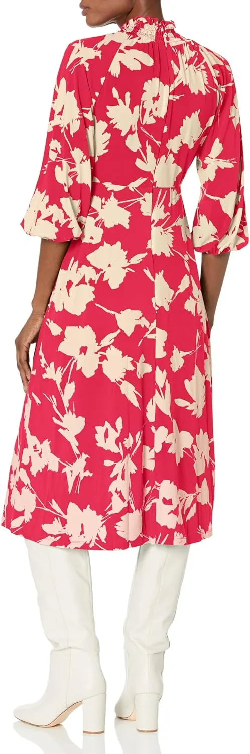 Maggy London Women's Mini Ruffle Smocked Mock Neck Midi Dress