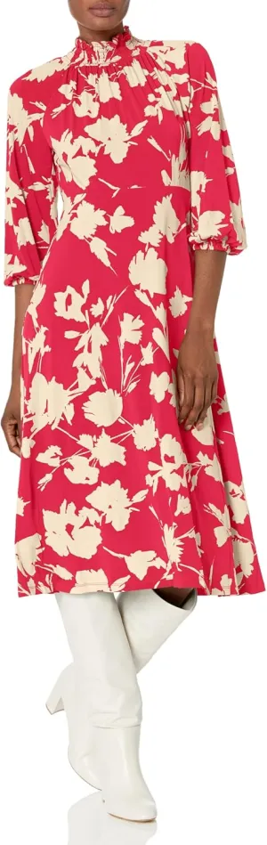 Maggy London Women's Mini Ruffle Smocked Mock Neck Midi Dress