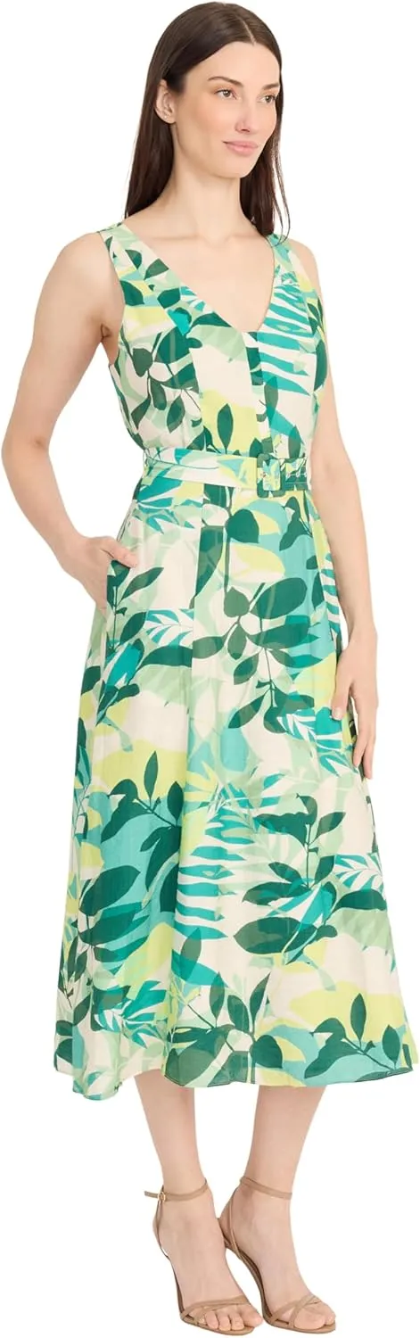 Maggy London Women's Sleeveless V-Neck Belted Midi Wide Strap A-line Pleated-Special Occasion Summer Dress