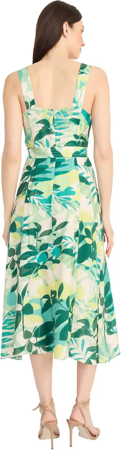 Maggy London Women's Sleeveless V-Neck Belted Midi Wide Strap A-line Pleated-Special Occasion Summer Dress