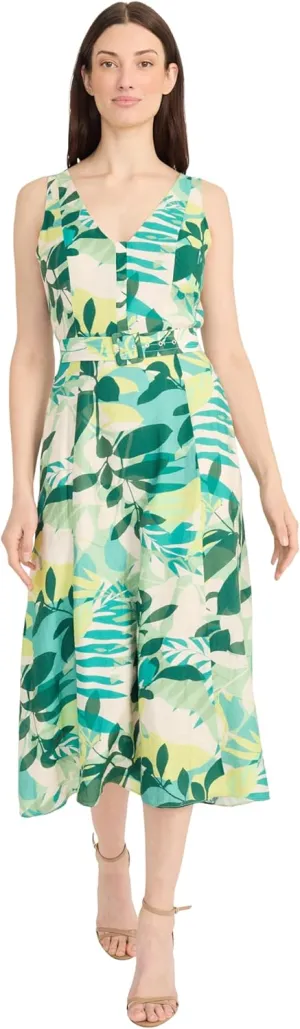 Maggy London Women's Sleeveless V-Neck Belted Midi Wide Strap A-line Pleated-Special Occasion Summer Dress