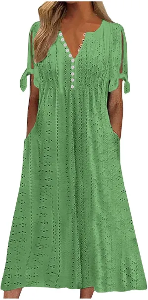 maisdgop Dresses for Women 2024 Trendy Eyelet Boho Beach Dress Loose V Neck Button A-Line Dresses Loose Sundress with Pocket
