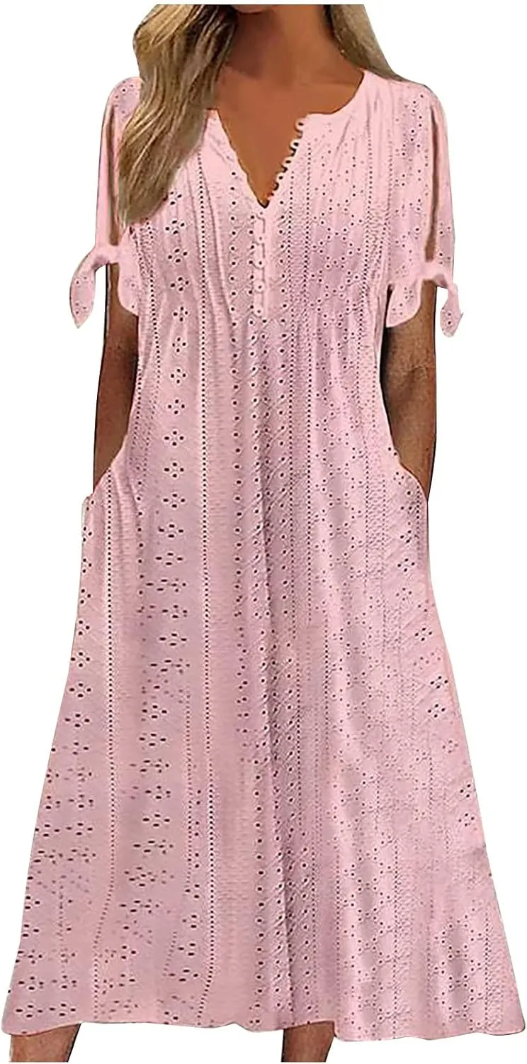 maisdgop Dresses for Women 2024 Trendy Eyelet Boho Beach Dress Loose V Neck Button A-Line Dresses Loose Sundress with Pocket