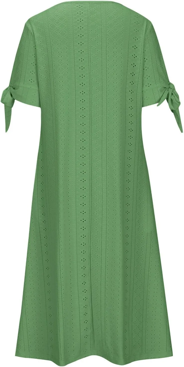 maisdgop Dresses for Women 2024 Trendy Eyelet Boho Beach Dress Loose V Neck Button A-Line Dresses Loose Sundress with Pocket