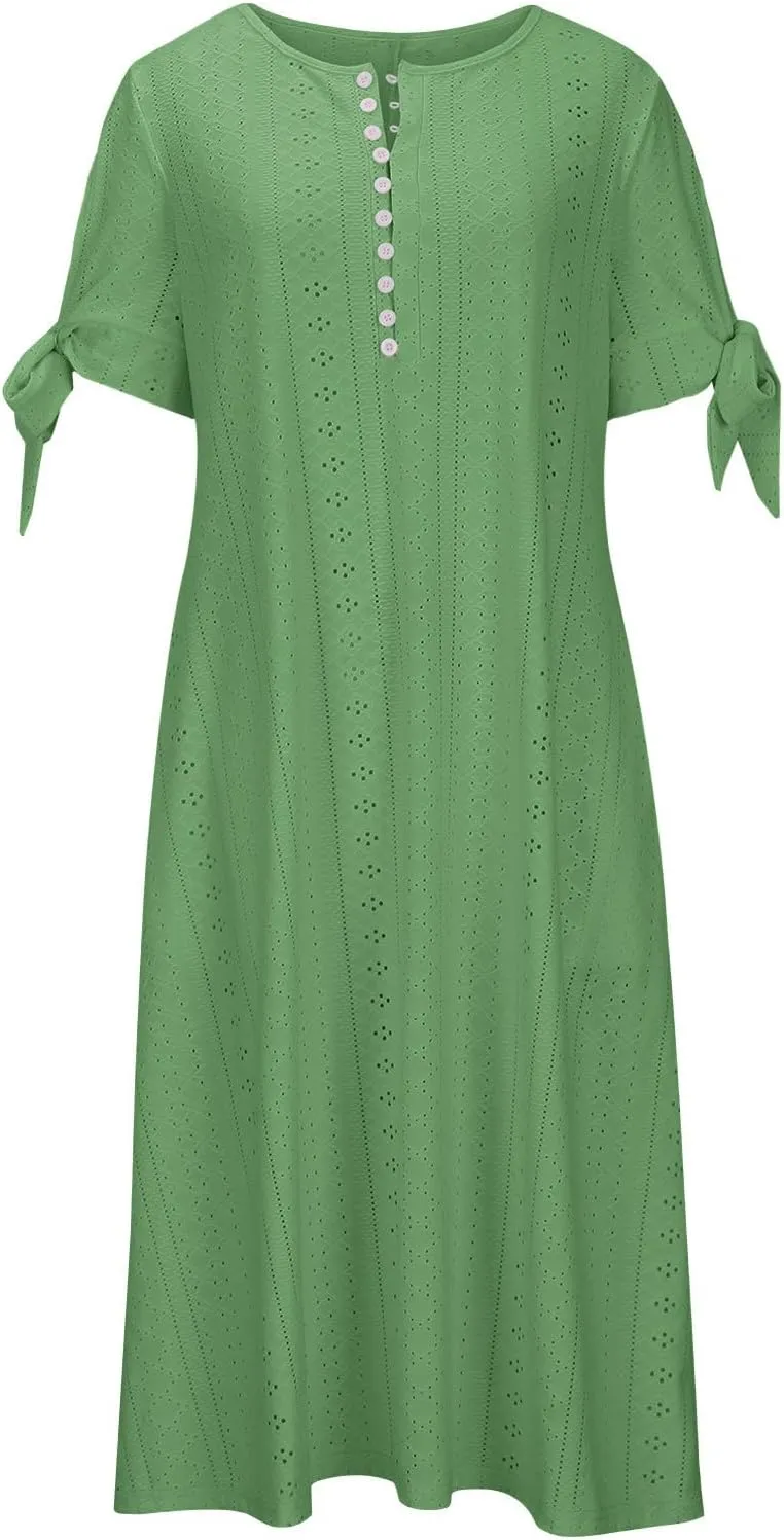 maisdgop Dresses for Women 2024 Trendy Eyelet Boho Beach Dress Loose V Neck Button A-Line Dresses Loose Sundress with Pocket