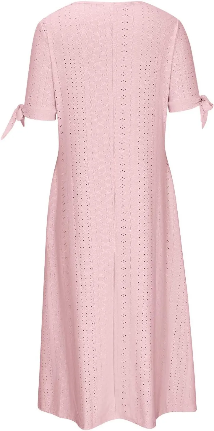 maisdgop Dresses for Women 2024 Trendy Eyelet Boho Beach Dress Loose V Neck Button A-Line Dresses Loose Sundress with Pocket
