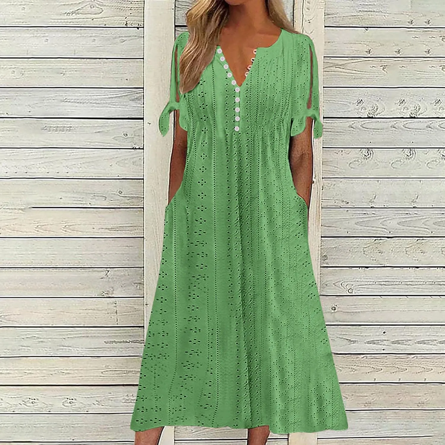 maisdgop Dresses for Women 2024 Trendy Eyelet Boho Beach Dress Loose V Neck Button A-Line Dresses Loose Sundress with Pocket
