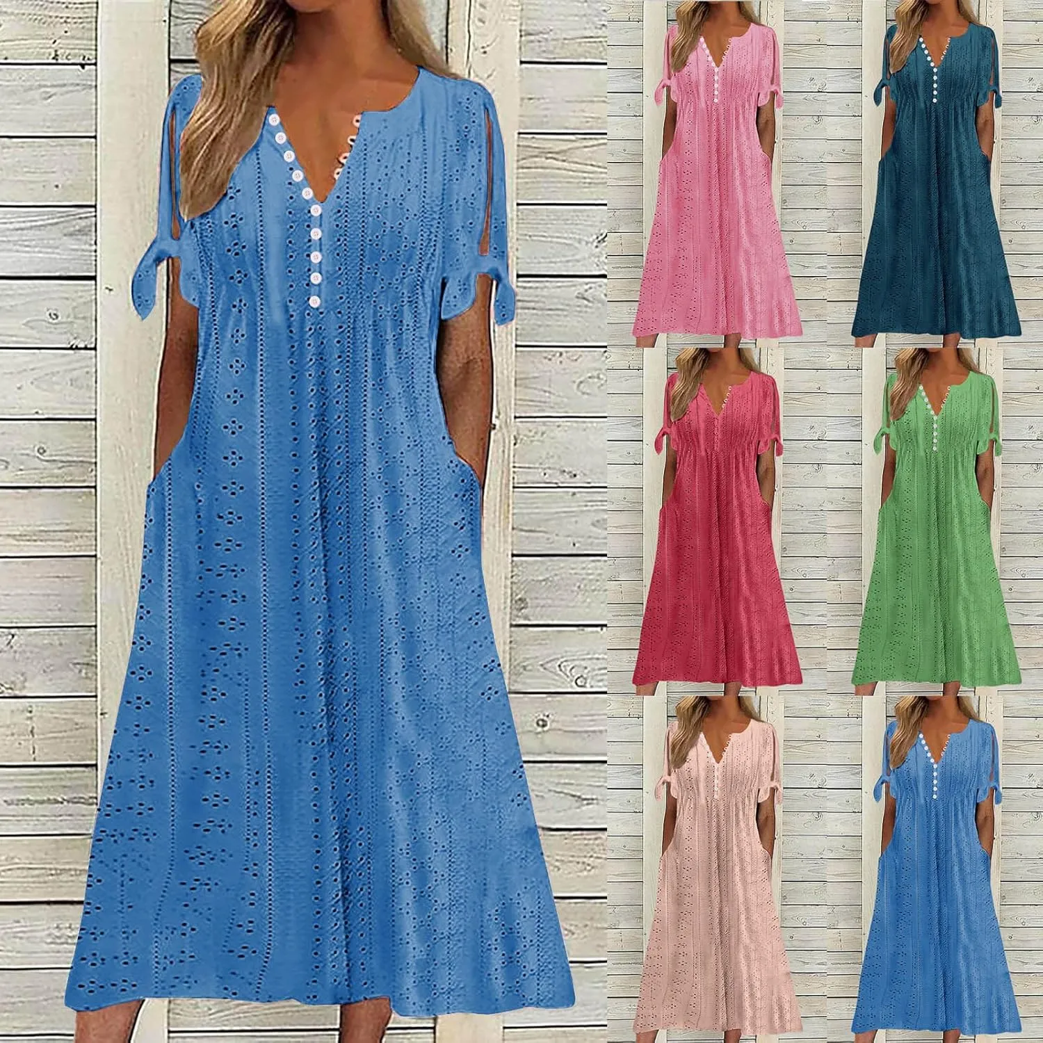 maisdgop Dresses for Women 2024 Trendy Eyelet Boho Beach Dress Loose V Neck Button A-Line Dresses Loose Sundress with Pocket