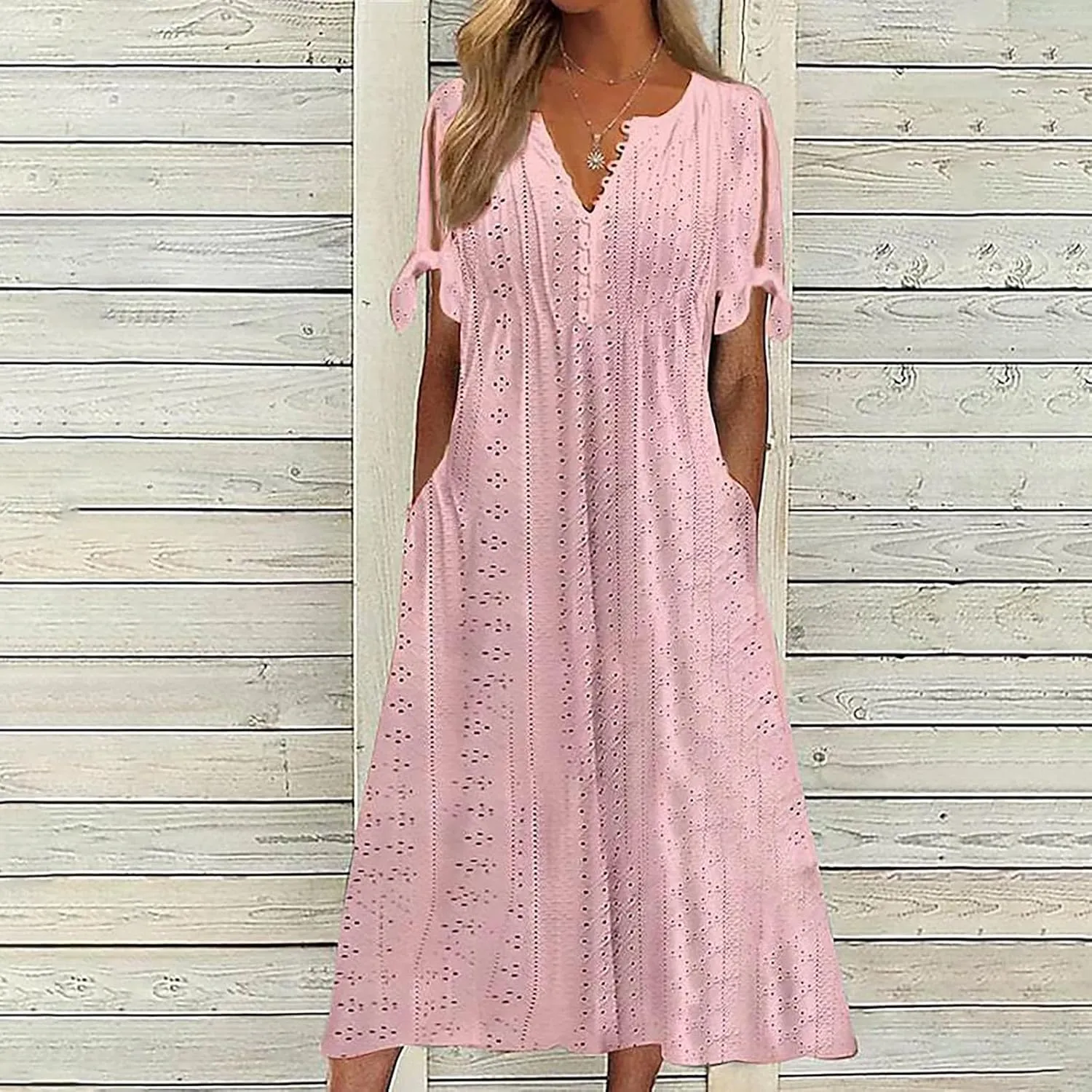 maisdgop Dresses for Women 2024 Trendy Eyelet Boho Beach Dress Loose V Neck Button A-Line Dresses Loose Sundress with Pocket