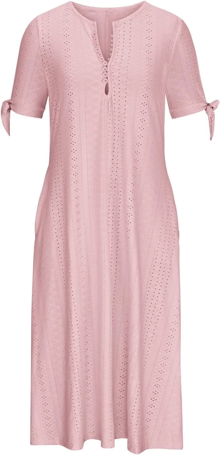 maisdgop Dresses for Women 2024 Trendy Eyelet Boho Beach Dress Loose V Neck Button A-Line Dresses Loose Sundress with Pocket