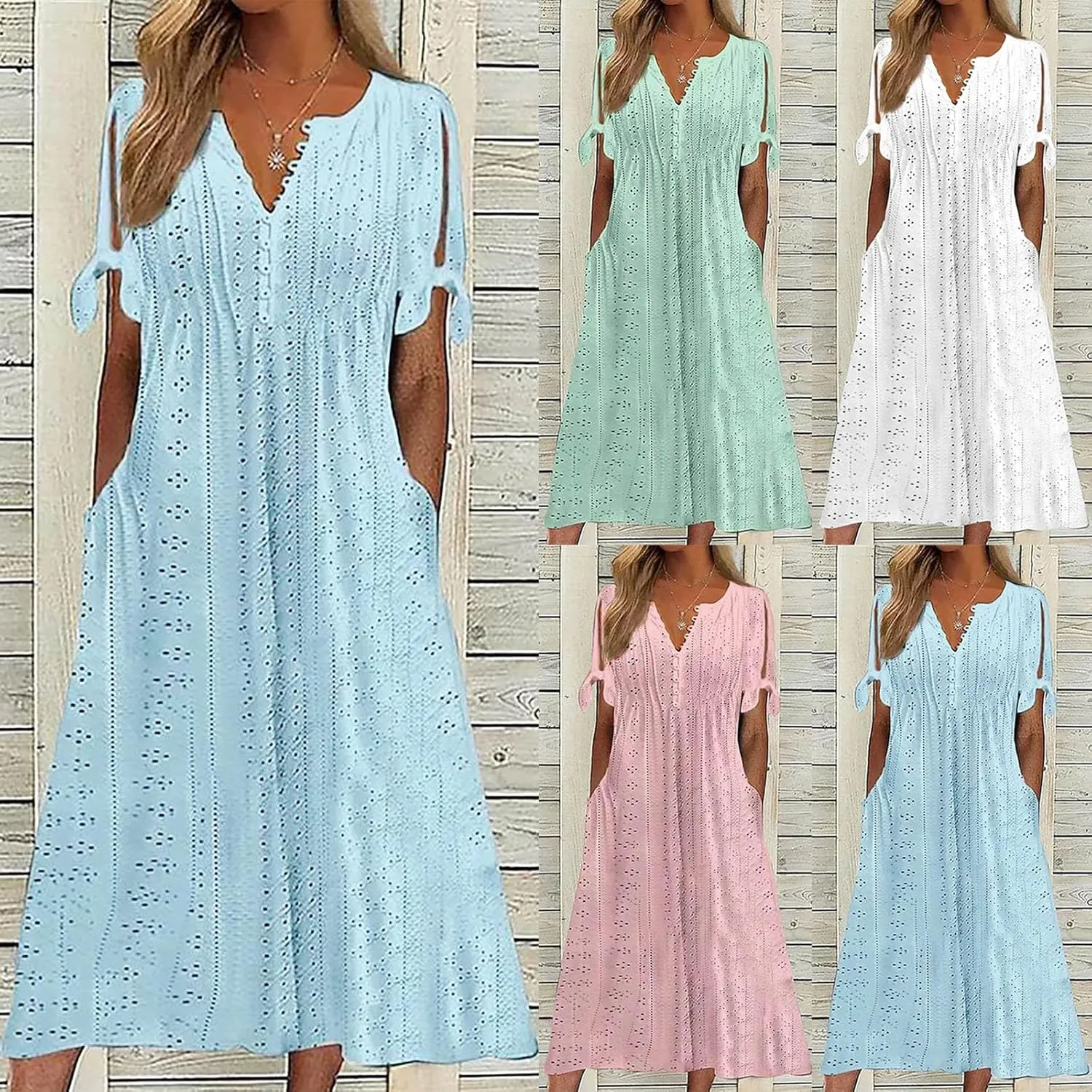 maisdgop Dresses for Women 2024 Trendy Eyelet Boho Beach Dress Loose V Neck Button A-Line Dresses Loose Sundress with Pocket