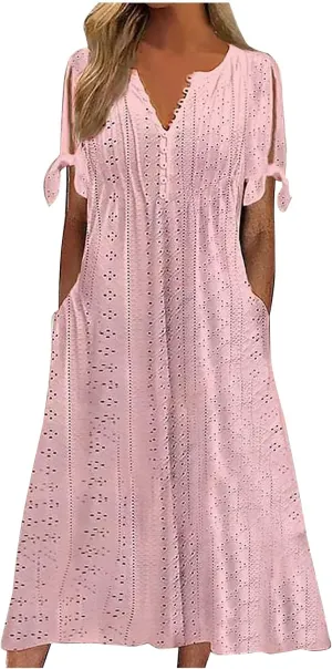 maisdgop Dresses for Women 2024 Trendy Eyelet Boho Beach Dress Loose V Neck Button A-Line Dresses Loose Sundress with Pocket