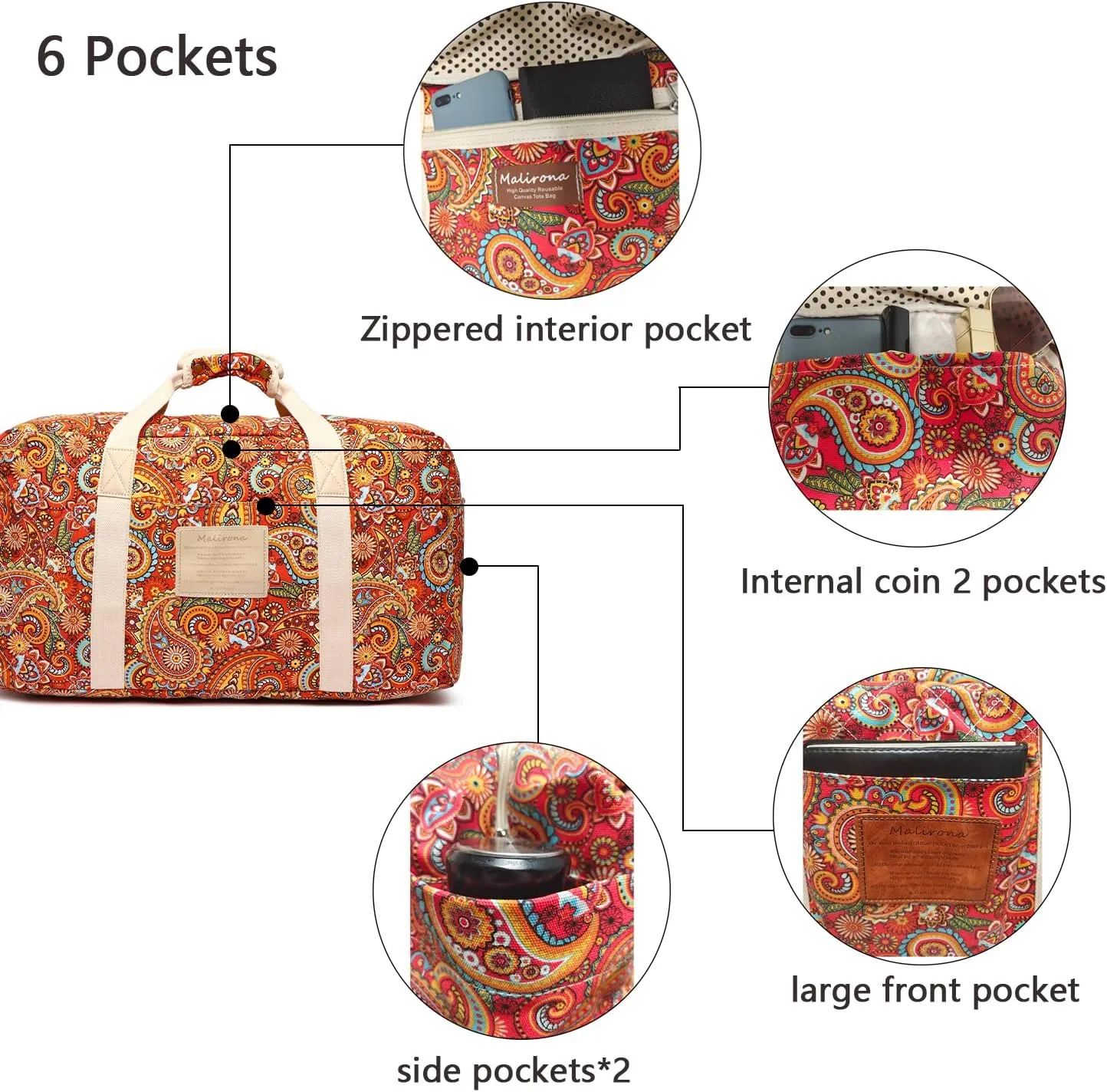 Malirona 22"Canvas Weekender Overnight Bags Travel Duffel Bag Carry On Bag for Women and Girls (Red Flower)