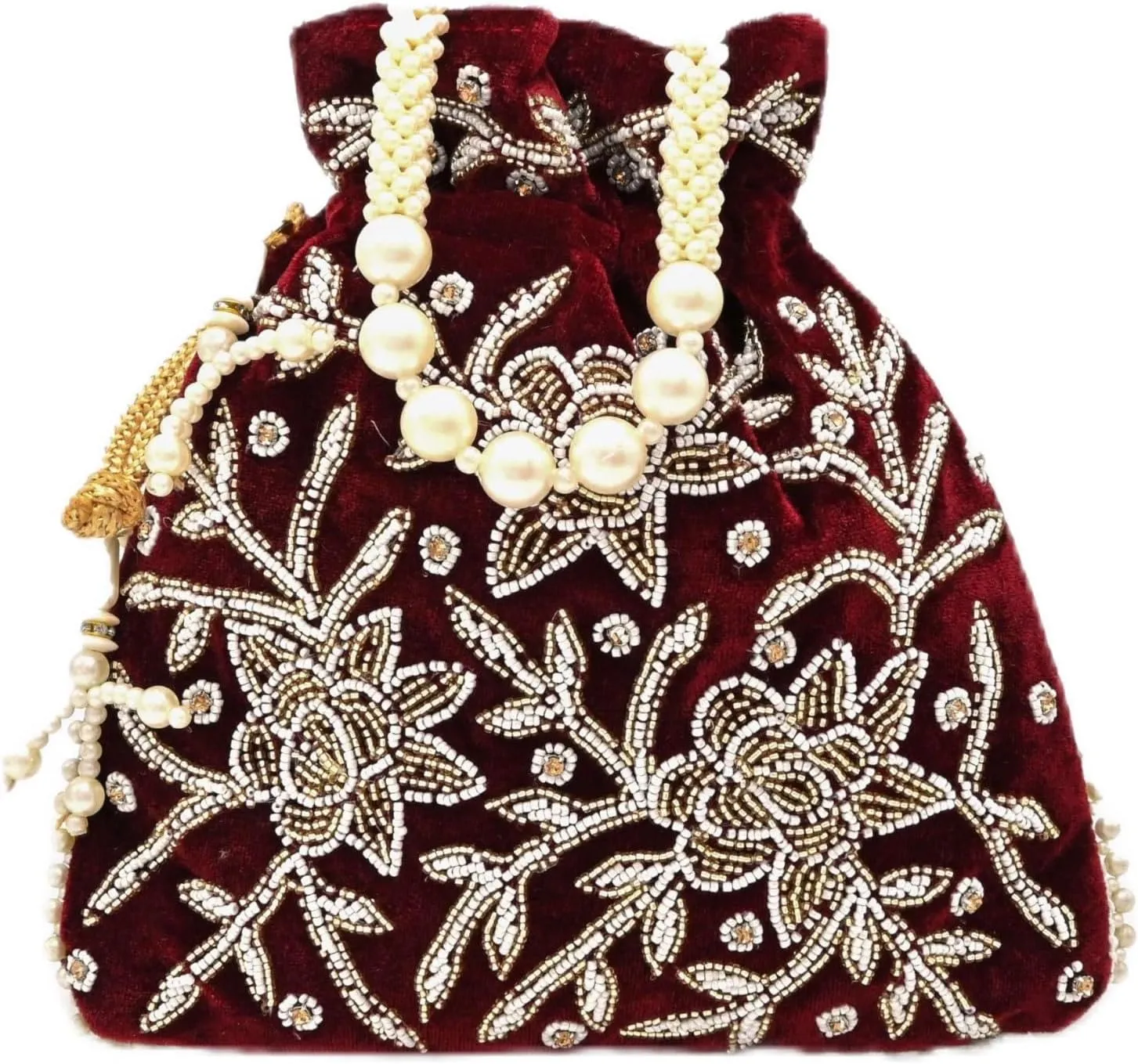 Maroon Velvet Embroidered Potli Bag for Women  Handcrafted Zari Beaded Clutch
