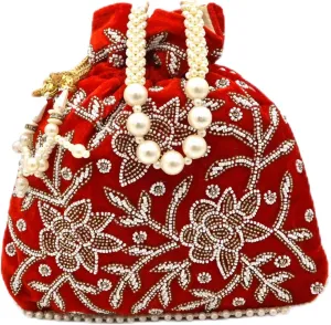 Maroon Velvet Embroidered Potli Bag for Women  Handcrafted Zari Beaded Clutch