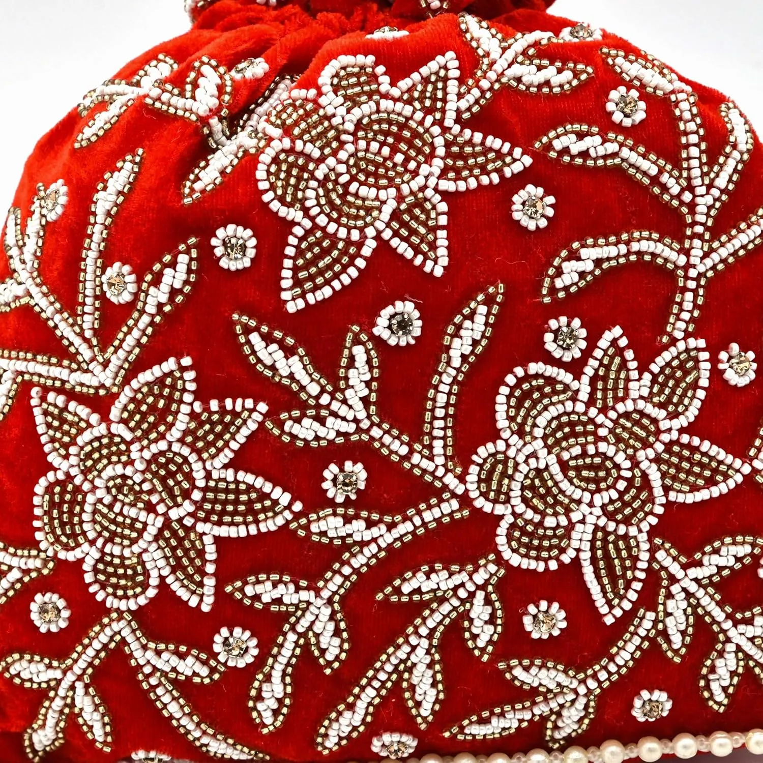 Maroon Velvet Embroidered Potli Bag for Women  Handcrafted Zari Beaded Clutch