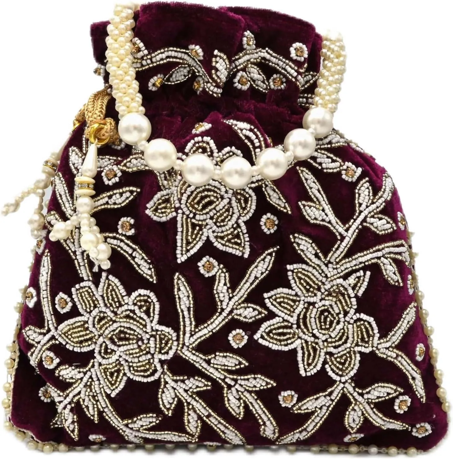 Maroon Velvet Embroidered Potli Bag for Women  Handcrafted Zari Beaded Clutch